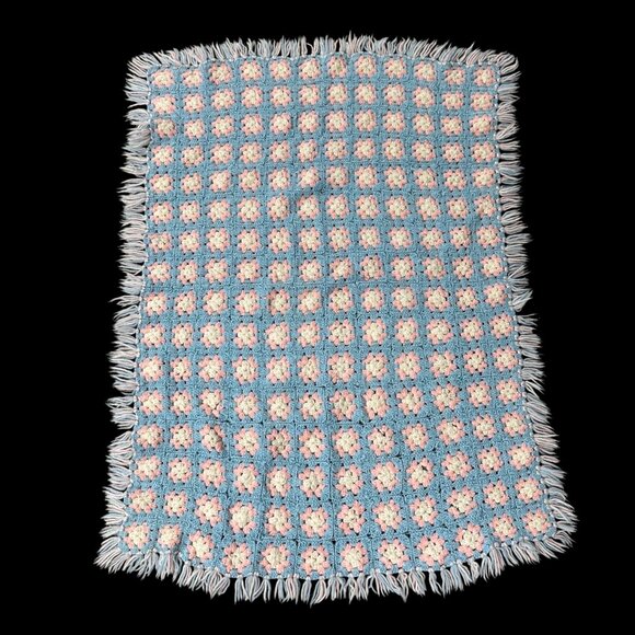 Vintage Crochet Afghan Blanket Throw Pink Blue Fringe Granny Square Handmade - Picture 2 of 8